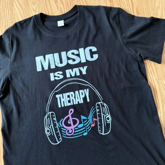 Music Is My Therapy T Shirt Size L Black Graphic Tee Headphones Treble Clef Note - Picture 7 of 12